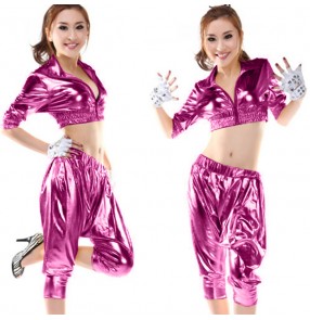 Fuchsia hot pink gold silver black leather fashion glitter sexy women's girls hi hop jazz performance cos play singer dance costumes outfits 
